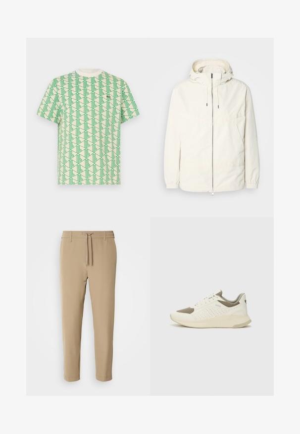Lengvas, kreminės spalvos švarkas su kapišonu, užtrauktuku priekyje, elastingomis rankovėmis ir kengūros kišene. Lygus audinys su minimaliais siūlių detalėmis.; Medvilnės marškinėliai su viso paviršiaus žaliu geometriniu raštu ant smėlio fondo, su apvalia iškirpte ir trumpomis rankovėmis.; Bežinės, siaurėjančios kelnės su elastinga juosta ir raišteliu. Lygus audinys su švariu dizainu ir be matomų raštų ar detalių.; Baltas ir šviesiai bežinis sportinis kedas, su tinklo viršumi, perforuotais detalėmis ir tekstūruotu tarpine su logotipu ant kulno.