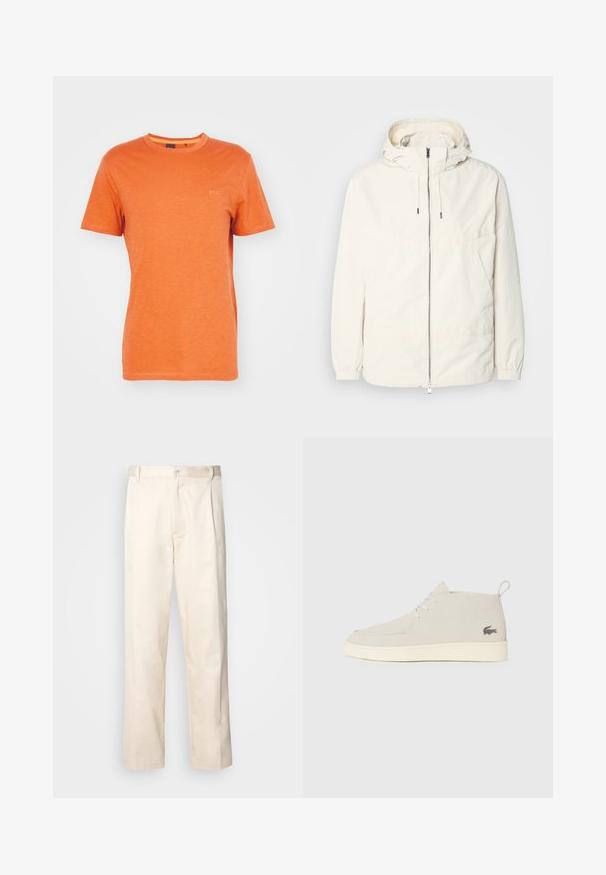 Lengvas, kreminės spalvos švarkas su kapišonu, užtrauktuku priekyje, elastingomis rankovėmis ir kengūros kišene. Lygus audinys su minimaliais siūlių detalėmis.; BOSS TEGOOD - Paprasti marškinėliai - open orange; Bežinės medvilninės kelnės su tiesiu kirpimu, turinčios mygtuko uždarymą ir priekyje raukšles papildomai dekoratyviam akcentui.; Šviesiai pilki zomšiniai auliniai batai iki kulkšnies su apvalia nosimi, balta guma pado ir subtiliu logotipo akcentu šone. Su raištelių uždarymu.