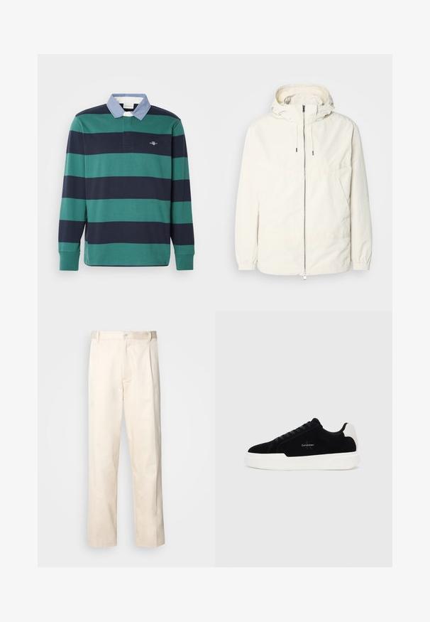 Könnyű, tejszínszínű dzseki kapucnival, cipzáras elülső résszel, rugalmas mandzsettákkal és kenguruzsebbel. Simaszerű anyag minimális varrási részletekkel.; Hosszú ujjú pólóing zöld és sötétkék vízszintes csíkokkal, világoskék gallérral és egy kis hímzett logóval a mellrészen.; Beige pamut nadrág egyenes szárú kivágással, gombos záródással és elülső redőkkel a részletek fokozása érdekében.; Fekete alacsony szárú sneaker fehér talppal és saroktabbal, fűzős elülső résszel és Calvin Klein logóval az oldalon.