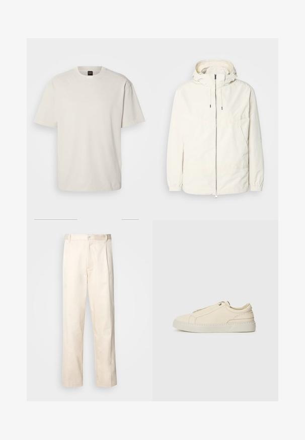 Jachetă ușoară, de culoare crem, cu glugă, fermoar în față, manșete elastice și buzunar tip kangaroo. Material neted cu detalii de cusătură minime.; Cămașă cu mânecă scurtă, de tip crew-neck, din bumbac alb murdar, cu o croială dreaptă și un branding minim pe guler. Textură moale, fără modele.; Pantaloni din bumbac bej, cu croială dreaptă, dotati cu închidere cu nasture și pliuri în față pentru un plus de detaliu.; Adidași din piele bej cu vârful rotunjit, design minimalist, detalii subtile de cusătură și un superior texturat, pe o talpă deschisă.