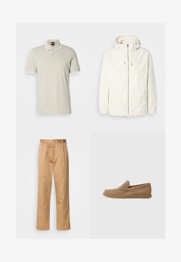 Könnyű, tejszínszínű dzseki kapucnival, cipzáras elülső résszel, rugalmas mandzsettákkal és kenguruzsebbel. Simaszerű anyag minimális varrási részletekkel.; Világos bézs pamut poloing fehér gallérral és ujjak kiemelésével, két gombos nyakkal és logóval a mell részen.; Khaki nadrág, pamut keverék, egyenes szabású, elülső redők, övtartók és gombos zárás. Simább textúra minták nélkül.; Barna velúr slip-on loaferek sima felülettel és varrott részletezéssel; gumitalppal a tapadás érdekében.