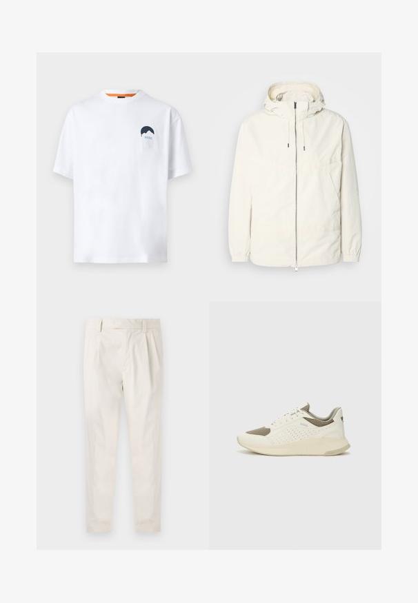 Lehká, krémově zbarvená bunda s kapucí, zipem vpředu, elastickými manžetami a klokaní kapsou. Hladká látka s minimem švových detailů.; Bílý bavlněný tričko s krátkým rukávem a kulatým výstřihem, s modrou horou a grafikou "BOSS" na levé straně hrudi.; Bílé, plisované kalhoty s upraveným střihem, které mají hladkou texturu, poutka na opasek a zúžené nohavice. Bez viditelných kapes nebo vzorů.; Bílé a světle béžové atletické tenisky, které mají síťovaný svršek, perforované detaily a texturovanou mezipodešev s logem na patě.