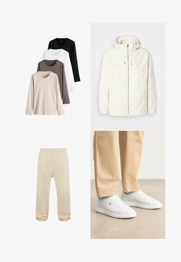 Ľahká, krémová bunda s kapucňou, zipsom vpredu, elastickými manžetami a klokannou vreckom. Hladká tkanina s minimálnymi stehovými detailmi.; Štyri dlhé rukávy košele v béžovej, šedej, bielej a čiernej farbe. Každá má okrúhly výstrih a jemnú, hladkú látku.; Béžové tepláky s elastickým pásom, s manžetami na spodku a hladkou textúrou. Jednoduchý, rovný strih bez vzorov alebo ozdôb.; Biele kožené tenisky s hladkým povrchom, s okrúlym špičkou, šnurovaním a jemným logom na boku, skombinované s béžovými nohavicami.