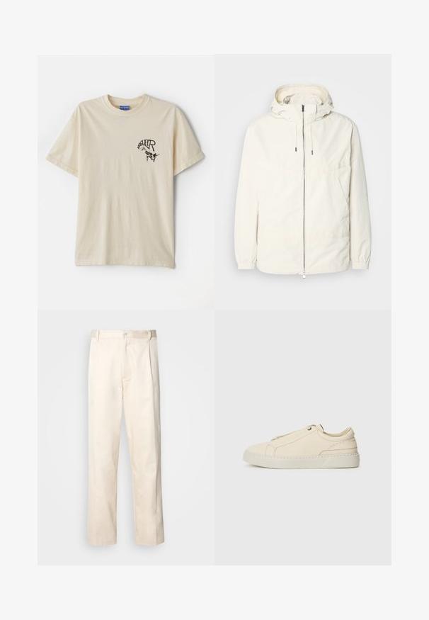 Jachetă ușoară, de culoare crem, cu glugă, fermoar în față, manșete elastice și buzunar tip kangaroo. Material neted cu detalii de cusătură minime.; Tricou din bumbac de culoare crem, cu mâneci scurte, având un text grafic negru și o ilustrație pe partea stângă a pieptului.; Pantaloni din bumbac bej, cu croială dreaptă, dotati cu închidere cu nasture și pliuri în față pentru un plus de detaliu.; Adidași din piele bej cu vârful rotunjit, design minimalist, detalii subtile de cusătură și un superior texturat, pe o talpă deschisă.