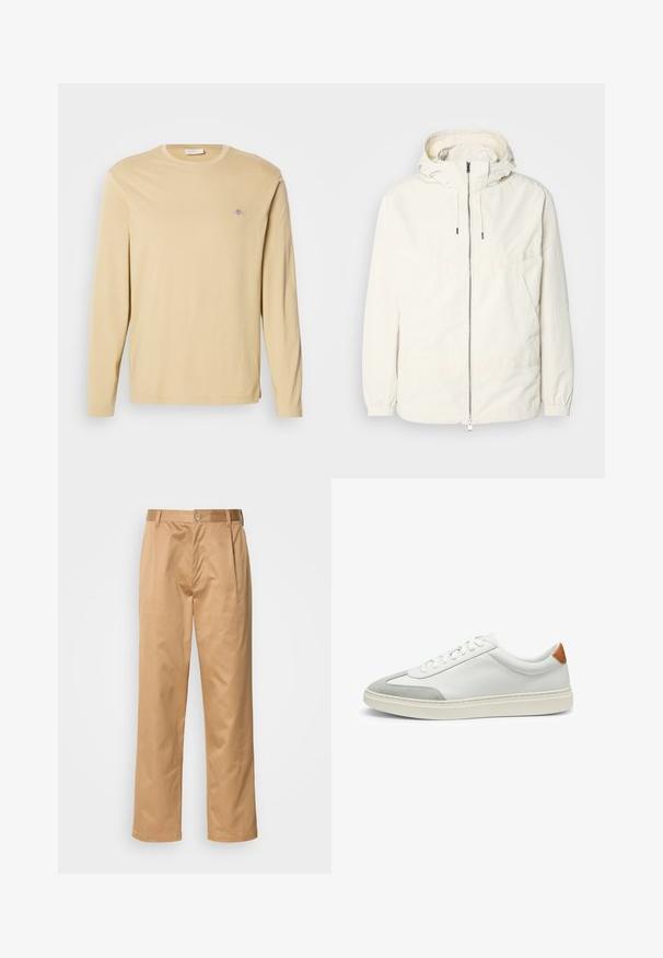 Leichte, cremefarbene Jacke mit Kapuze, Reißverschluss vorne, elastischen Bündchen und einer Kängurutasche. Glattes Gewebe mit minimalen Nähdetails.; Beige Langarm-Crewneck-Shirt mit kleinem gesticktem Logo auf der linken oberen Brust, präsentiert auf einem schlichten weißen Hintergrund.; Khaki-Hosen aus Baumwollmischung, im geraden Schnitt, mit Vorderfalten, Gürtelschlaufen und Knopfverschluss. Glatte Textur ohne Muster.; Weiße Leder-Sneaker mit grauen Wildlederakzenten und einer sandfarbenen Lederfersenschlaufe. Sie verfügen über eine strukturierte Oberfläche und eine leichte Sohle.