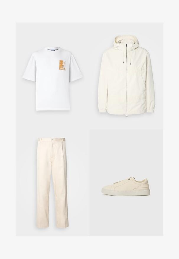 Ľahká, krémová bunda s kapucňou, zipsom vpredu, elastickými manžetami a klokannou vreckom. Hladká tkanina s minimálnymi stehovými detailmi.; Biela bavlnená tričko s okrúhlym výstrihom, krátkymi rukávmi a obdlžníkovou oranžovou grafikou s nápisom "HUGO" na ľavej strane hrude.; Béžové bavlnené nohavice so strihom rovného nohu, s gombíkovým zapínaním a záhybmi vpredu pre pridanie detailu.; Beige kožené tenisky s okrúhlou špičkou, minimalistickým dizajnom, jemnými švy a textúrovaným povrchom, na svetlej podrážke.