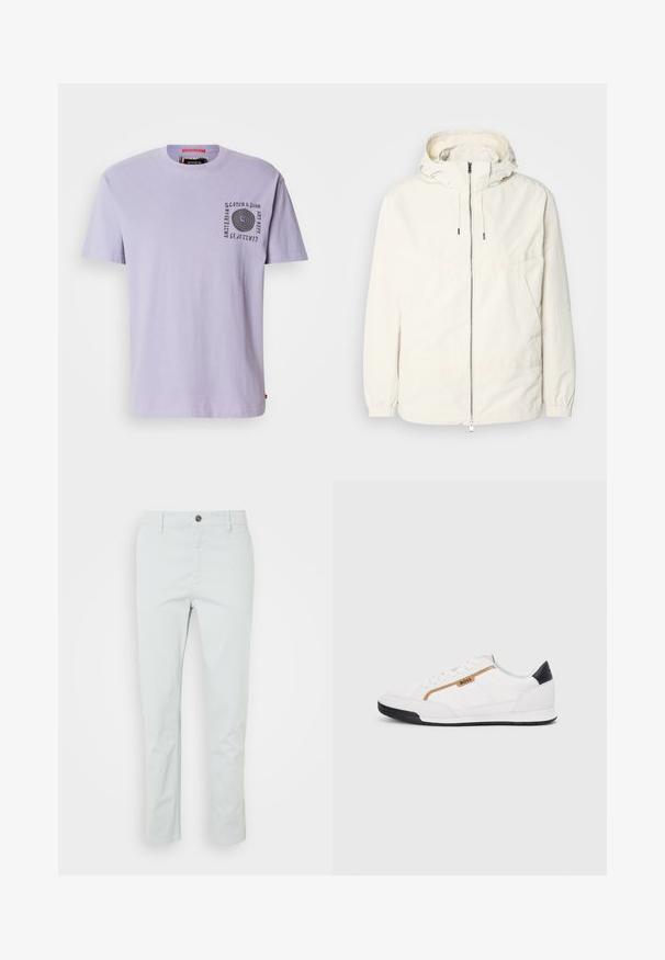 Gaisas, krēmkrāsas jaka ar kapuci, ar rāvējslēdzēju priekšpusē, elastīgām aprocēm un kangaroo kabatu. Gluda auduma virsma ar minimālām šuvju detaļām.; Lavandas krāsas kokvilnas T-krekls ar apaļu izgriezumu, īsām piedurknēm un melnu spirāles grafiku kreisajā krūtīs. Etiķete redzama pie kakla.; Gaiši zaļas kokvilnas bikses ar taisnu piegriezumu, ar priekšējo pogu aizdari un sānu kabatām. Gluda tekstūra, bez redzamām rakstu detaļām.; Baltijas krāsā baltas sporta kurpes ar acu un ādas akcentiem. Iezīmējas ar zelta "BOSS" logo, teksturētām sānu paneļiem un melnu papēža kapu. Gumijas zole.