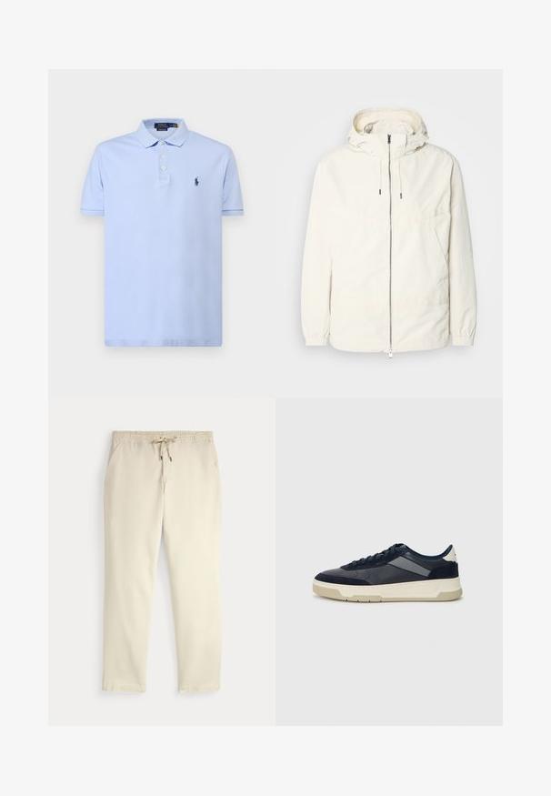 Lengvas, kreminės spalvos švarkas su kapišonu, užtrauktuku priekyje, elastingomis rankovėmis ir kengūros kišene. Lygus audinys su minimaliais siūlių detalėmis.; Polo Ralph Lauren CUSTOM SLIM FIT STRETCH MESH POLO SHIRT - Polo marškinėliai - office blue; Oficialiai balti kasdieniniai kelnės su elastiniu juosmeniu ir raišteliu, tiesiomis kojomis ir šoninėmis kišenėmis prieš paprastą foną.; BOSS BALTIMORE - Sportbačiai - open blue