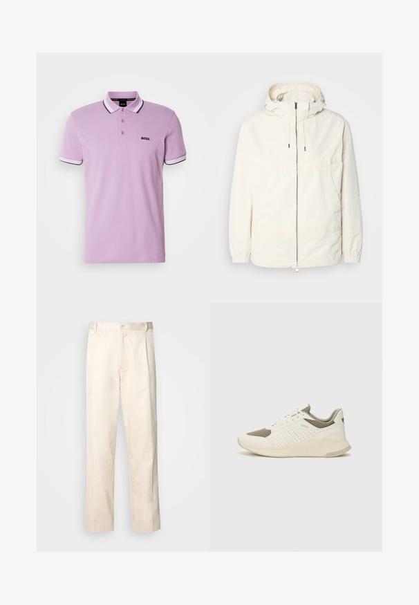 Lengvas, kreminės spalvos švarkas su kapišonu, užtrauktuku priekyje, elastingomis rankovėmis ir kengūros kišene. Lygus audinys su minimaliais siūlių detalėmis.; Šviesiai violetinė polo marškinėlių iš medvilnės. Yra trijų mygtukų užsegimas, kontrastinga juostelė aplink apykaklę ir rankogalius, taip pat mažas juodas logotipas ant krūtinės.; Bežinės medvilninės kelnės su tiesiu kirpimu, turinčios mygtuko uždarymą ir priekyje raukšles papildomai dekoratyviam akcentui.; Baltas ir šviesiai bežinis sportinis kedas, su tinklo viršumi, perforuotais detalėmis ir tekstūruotu tarpine su logotipu ant kulno.