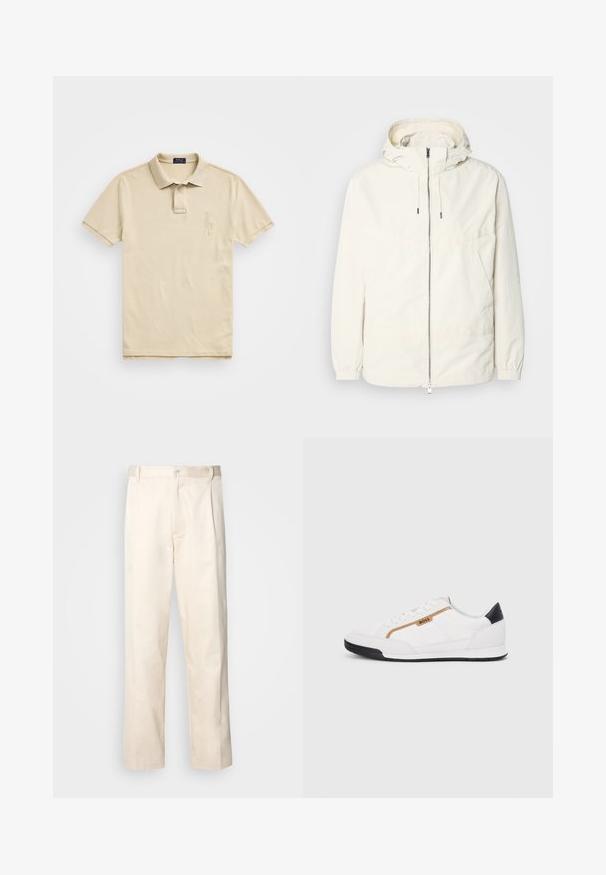 Ľahká, krémová bunda s kapucňou, zipsom vpredu, elastickými manžetami a klokannou vreckom. Hladká tkanina s minimálnymi stehovými detailmi.; Béžová polo tričko vyrobené z bavlny, s golierom na troch gombíkoch, krátkymi rukávmi a vyšitým logom na ľavej hrudi. Hladká textura.; Béžové bavlnené nohavice so strihom rovného nohu, s gombíkovým zapínaním a záhybmi vpredu pre pridanie detailu.; Biele športové topánky s akcentmi z korku a kože. Obsahujú zlaté logo "BOSS", textúrované bočné panely a čierny pätník. Gumová podrážka.