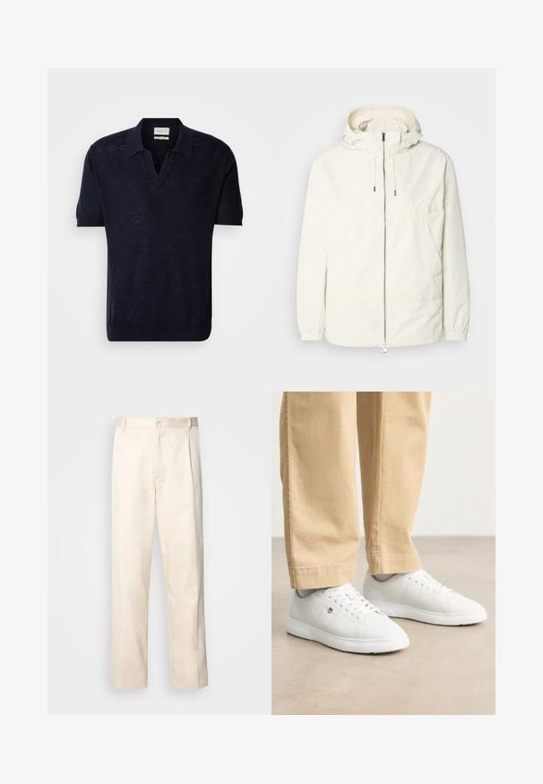 Gaisas, krēmkrāsas jaka ar kapuci, ar rāvējslēdzēju priekšpusē, elastīgām aprocēm un kangaroo kabatu. Gluda auduma virsma ar minimālām šuvju detaļām.; Tumši zila adītas polo krekls ar īsām piedurknēm, V veida kakla izgriezumu un niansētu tekstūru. Uz krūtīm ir izšūts GANT logo, kas ir saskaņotā krāsā.; Bežā krāsā auduma bikses ar taisnu kāju griezumu, pievienotām pogu aizdares un priekšējiem krokām papildu detaļām.; Baltas ādas sporta apavi ar gludu virsmu, apaļo purngalu, auklīnēm un smalku logotipa detaļu sānos, kombinēti ar bēšām biksēm.
