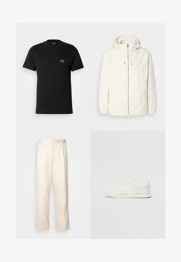 Ελαφριά, κρεμ τζάκετ με κουκούλα, φερμουάρ μπροστά, ελαστικούς μανσέτες και τσέπη καγκουρό. Λείο ύφασμα με ελάχιστες ραφές.; Μαύρο βαμβακερό μπλουζάκι με κοντά μανίκια, στρογγυλή λαιμόκοψη και μικρό λευκό λογότυπο στο αριστερό στήθος. Λείο υλικό και κλασική εφαρμογή.; Μπεζ βαμβακερό παντελόνι με ίσια γραμμή, διαθέτει κουμπί κλεισίματος και πτυχές στο μπροστινό μέρος για επιπλέον λεπτομέρεια.; Λευκό αθλητικό παπούτσι με επάνω μέρος από πλέγμα και συνθετικό υλικό, στρογγυλή μύτη, επίπεδους κορδόνια και υφή στη λωρίδα στο πλάι. Καουτσούκ σόλα με λαβή στο πίσω μέρος.