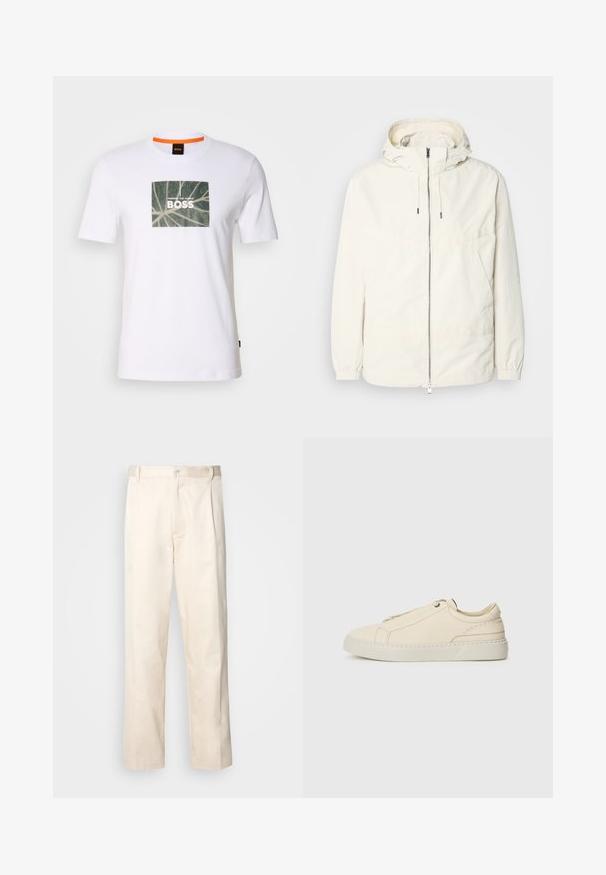 Kerge, kreemivärvi jakk, kapuutsiga, lukuga ees, elastsete mansettide ja känguru taskuga. Sile kangas minimaalsete õmblusdetailidega.; Valge puuvillane t-särk, millel on roheline lehegraafika ja julge tekst "THROUGH THE JUNGLE BOSS" ristküliku kujunduses. Ümar kaelus.; Beesidised puuvillased püksid sirge jala lõikega, mis on varustatud nööpkinnituse ja ees olevate voltidega, et lisada detaili.; Beige nahkased kingad ümmarguse varbaga, minimalistlik disain, peened õmbluse detailid ja tekstureeritud pealispind, heledal tallal.