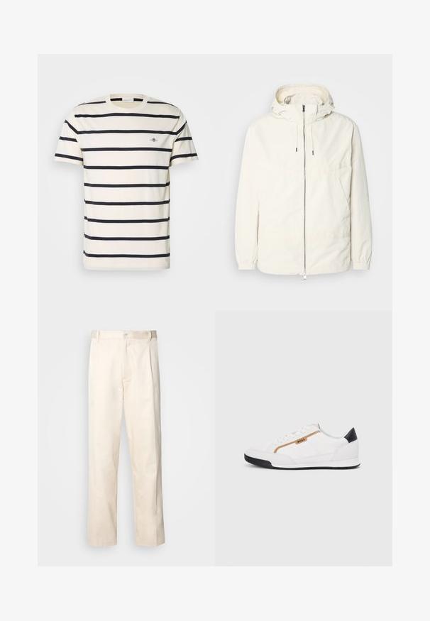 Lagani, kremasti kaput s kapuljačom, zatvaranjem na zip, elastičnim manžetama i kengur džepom. Glatka tkanina s minimalnim detaljima šivanja.; Muška majica s kratkim rukavima u krem boji s tamnoplavim horizontalnim prugama, izrađena od pamuka, s okruglim izrezom i malim logotipom na prsima.; Bežaste pamučne hlače ravnog kroja s kopčanjem na dugme i plisiranjima sprijeda za dodatni detalj.; Bijele atletske tenisice s mrežastim i kožnim detaljima. Imaju zlatni "BOSS" logo, teksturirane bočne panele i crnu kapicu na peti. Gumeni potplat.