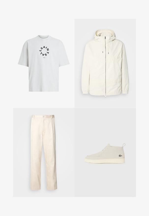 Ελαφριά, κρεμ τζάκετ με κουκούλα, φερμουάρ μπροστά, ελαστικούς μανσέτες και τσέπη καγκουρό. Λείο ύφασμα με ελάχιστες ραφές.; Λευκό βαμβακερό T-shirt με στρογγυλή μαύρη γραφική εκτύπωση που απεικονίζει το κείμενο "SAINT LAURENT LONDON" σε κυκλική διάταξη. Κοντό μανίκι.; Μπεζ βαμβακερό παντελόνι με ίσια γραμμή, διαθέτει κουμπί κλεισίματος και πτυχές στο μπροστινό μέρος για επιπλέον λεπτομέρεια.; Ανοιχτό γκρίζα σουέτ μποτάκια μέχρι τον αστράγαλο με στρογγυλή μύτη, λευκή καουτσούκ σόλα και διακριτική λεπτομέρεια λογότυπου στο πλάι. Διαθέτουν κορδόνια για κλείσιμο.