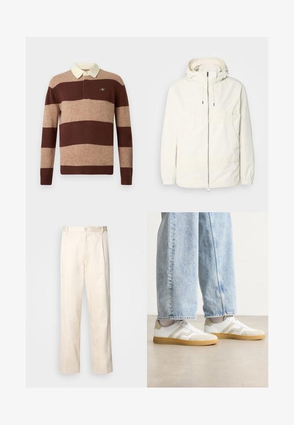 Kevyt, kermaisen valkoinen takki, jossa on huppu, vetoketjusuljenta, joustavat hihansuut ja kengurupocket. Sujuva kangas, jossa on minimaalista ompelutapaa.; Pitkähihainen rugby-paita, jossa on leveät vaaleanruskeat ja beige-lined raidoitukset ja vaalean kerma valkoinen kaulus, johon on ommeltu pieni brodeerattu logo rintaan.; Vaaleanbeige puuvillahousut, joissa on suora lahje, varustettu nappisulkeisella ja etupuolella olevilla laskoksilla lisäyksinä.; Valkoiset tennarit, joissa on beige nahan korostuksia ja vaaleat kumipohjat; matala malli ja teksturoitu yläosa.