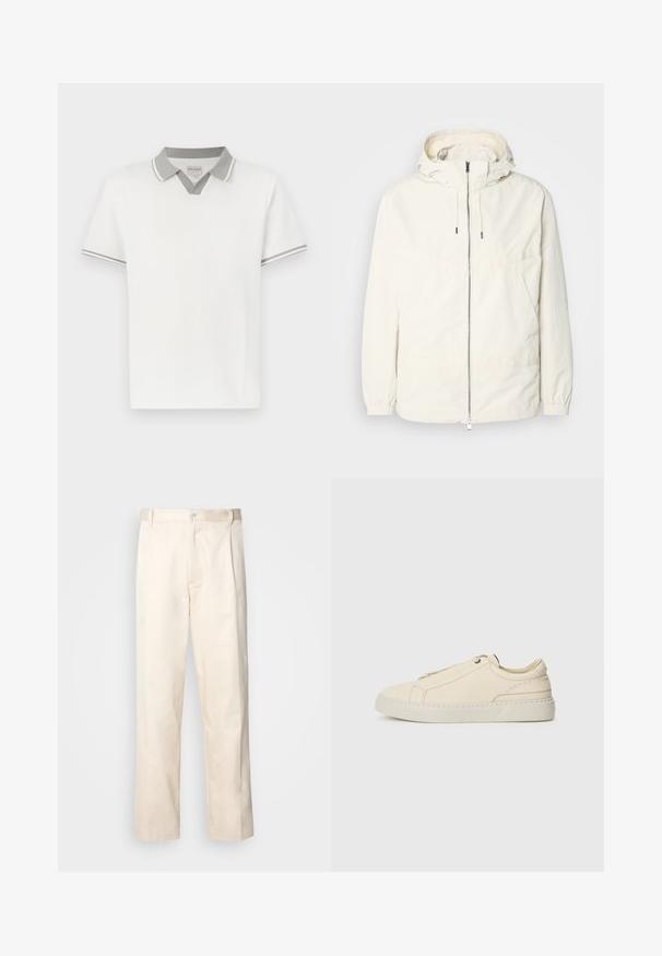 Lehká, krémově zbarvená bunda s kapucí, zipem vpředu, elastickými manžetami a klokaní kapsou. Hladká látka s minimem švových detailů.; Bílá polokošile s krátkým rukávem a světlounce šedým límcem a lemem rukávů, s V-výřezem pod límcem a malou značkovou nášivkou uvnitř.; Bežové bavlněné kalhoty se střihy rovného nohavice, s knoflíkovým zapínáním a záhyby vpředu pro zvýraznění detailu.; Krémové kožené tenisky s kulatou špičkou, minimalistickým designem, jemnými švy a texturovaným svrškem, na světlé podrážce.