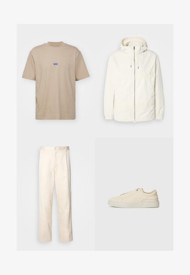 Gaisas, krēmkrāsas jaka ar kapuci, ar rāvējslēdzēju priekšpusē, elastīgām aprocēm un kangaroo kabatu. Gluda auduma virsma ar minimālām šuvju detaļām.; Beigā kokvilnas T-krekls ar augstu apkakli, īsām piedurknēm un mazu zilu taisnstūra logotipu ar uzrakstu "HUGO" uz krūtīm.; Bežā krāsā auduma bikses ar taisnu kāju griezumu, pievienotām pogu aizdares un priekšējiem krokām papildu detaļām.; Bežīga ādas kedas ar noapaļotu purngalu, minimālistisku dizainu, smalkiem stīgām un teksturētu virsmu uz gaišas zoles.