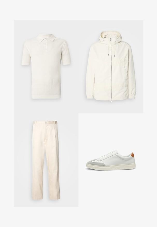 Lightweight, cream-colored jacket with a hood, zip front, elastic cuffs, and a kangaroo pocket. Smooth fabric with minimal stitching details.; White short-sleeve polo shirt made of textured knit fabric, featuring a collar and three-button placket, with ribbed hem and sleeve cuffs.; Beige cotton trousers with a straight-leg cut, featuring a button closure and pleats at the front for added detail.; White leather sneakers with gray suede accents and a tan leather heel tab. Features a textured surface and lightweight sole.