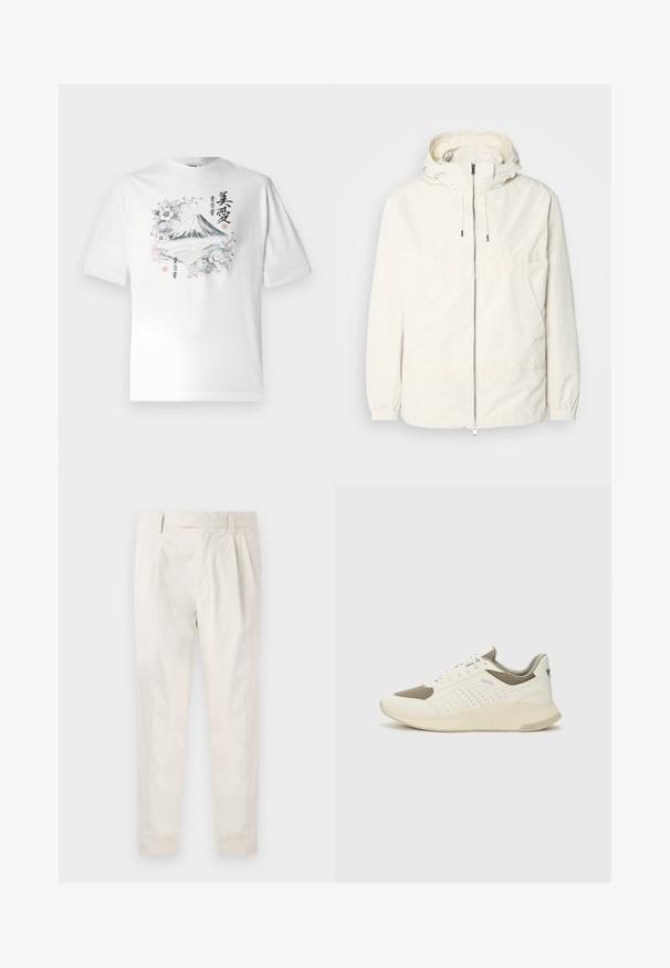 Lightweight, cream-colored jacket with a hood, zip front, elastic cuffs, and a kangaroo pocket. Smooth fabric with minimal stitching details.; White cotton t-shirt with short sleeves featuring a graphic of Mount Fuji surrounded by flowers and Japanese text in a multicolored design.; White, pleated trousers with a tailored fit, featuring a smooth texture, belt loops, and tapered legs. No visible pockets or patterns.; White and light beige athletic sneaker, featuring a mesh upper, perforated detailing, and a textured midsole with branding on the heel.