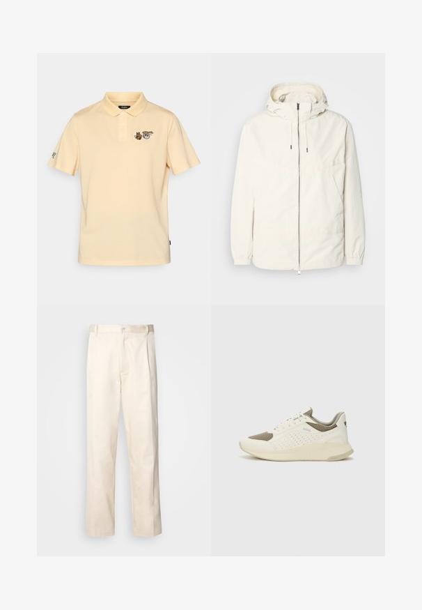 Chaqueta ligera de color crema con capucha, cierre de cremallera en la parte delantera, puños elásticos y un bolsillo tipo canguro. Tejido suave con detalles de costura mínimos.; Polo de color amarillo claro con mangas cortas, una tapeta de tres botones y gráficos de animales bordados en el pecho y la manga.; Pantalones de algodón beige con corte recto, que cuentan con un cierre de botón y pliegues en la parte frontal para un detalle adicional.; Zapatilla deportiva en blanco y beige claro, con parte superior de malla, detalles perforados y una mediasuela texturizada con la marca en el talón.