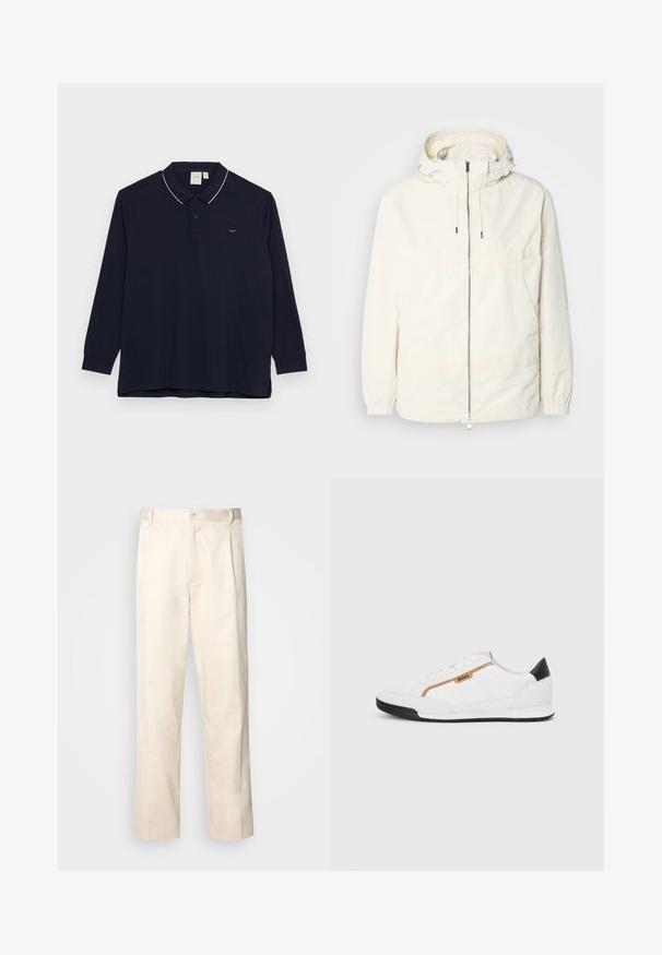 Könnyű, tejszínszínű dzseki kapucnival, cipzáras elülső résszel, rugalmas mandzsettákkal és kenguruzsebbel. Simaszerű anyag minimális varrási részletekkel.; Hosszú ujjú sötétkék pólóing pamutból, fehér díszítéssel ellátott gallérral, három gombos gombolással és egy kis logóval a mellrészen.; Beige pamut nadrág egyenes szárú kivágással, gombos záródással és elülső redőkkel a részletek fokozása érdekében.; Fehér sportcipők, hálós és bőr díszítésekkel. Kiemelkedő arany "BOSS" logó, textúrázott oldalpanelekkel és fekete sarokkal. Gumi talp.