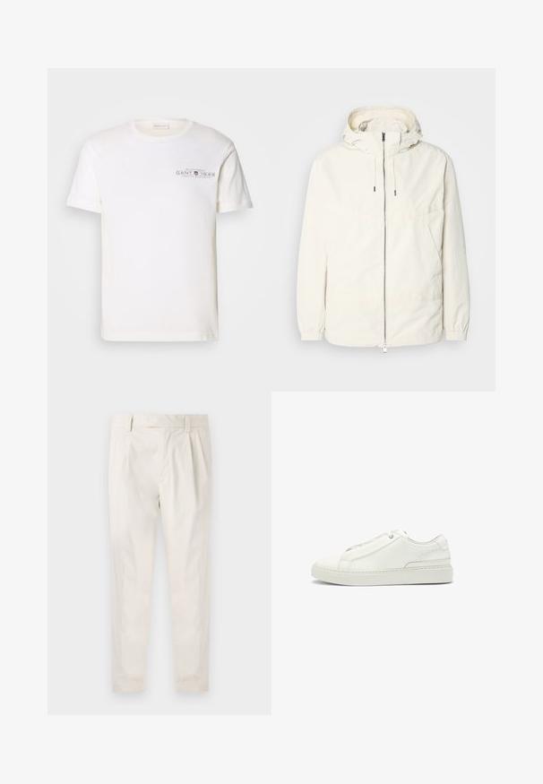 Lichte, crèmekleurige jas met een capuchon, rits aan de voorkant, elastische manchetten en een kangoeroezak. Glad materiaal met minimale stikdetails.; Witte katoenen t-shirt met ronde hals, korte mouwen en een bedrukt logo. Heeft een minimalistisch design en een relaxte pasvorm.; Witte, geplooide broeken met een getailleerde pasvorm, met een gladde textuur, riemlussen en taps toelopende benen. Geen zichtbare zakken of patronen.; Witte leren sneaker met een gestructureerde bovenkant, een ronde neus, minimalistisch ontwerp en een rubberen zool met gestikte details.