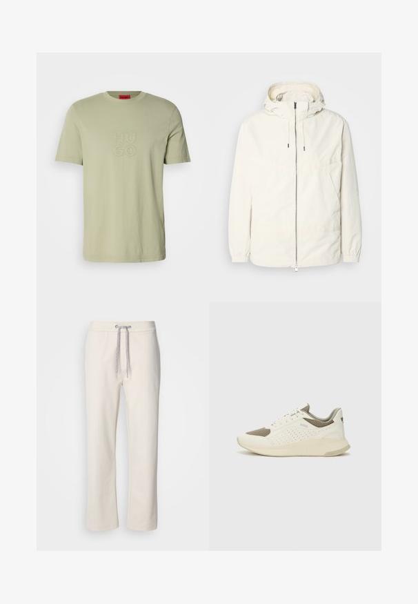 Kevyt, kermaisen valkoinen takki, jossa on huppu, vetoketjusuljenta, joustavat hihansuut ja kengurupocket. Sujuva kangas, jossa on minimaalista ompelutapaa.; Vaaleanvihreä puuvillapaita, jossa on pyöreä pääntie. Etuosassa on brodeerattu "HU GO" -logo samanvärisenä. Lyhyet hihat.; Kermanväriset rentopöksyt, joissa on nauhavyötärö ja suorat lahkeet, esiteltynä yksiväristä valkoista taustaa vasten.; Valkoinen ja vaaleanbeige urheilukengät, joissa on verkkomateriaali yläosa, rei'itettyjä yksityiskohtia ja teksturoitu välipohja, jossa on brändäys kantapäässä.