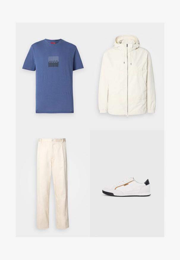 Lehká, krémově zbarvená bunda s kapucí, zipem vpředu, elastickými manžetami a klokaní kapsou. Hladká látka s minimem švových detailů.; Modré tričko vyrobené z měkké bavlny, s čtvercovým logem v tmavě šedé barvě a textem "HUGO" uprostřed, krátké rukávy a kulatý výstřih.; Bežové bavlněné kalhoty se střihy rovného nohavice, s knoflíkovým zapínáním a záhyby vpředu pro zvýraznění detailu.; Bílé sportovní boty s akcenty z meshe a kůže. Mají zlaté logo "BOSS", texturované boční panely a černý podpatek. Gumová podrážka.