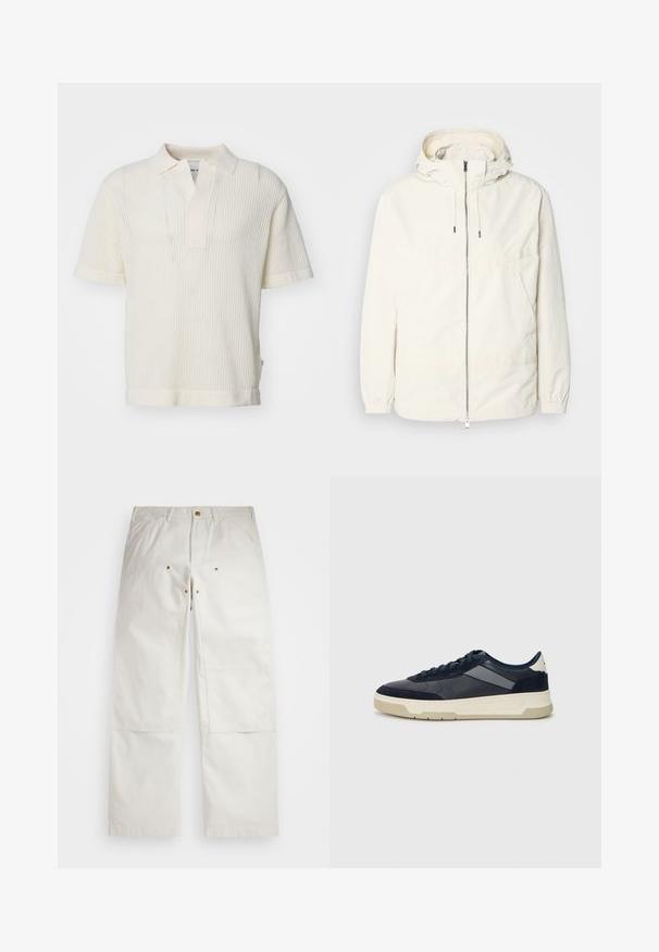 Lightweight, cream-colored jacket with a hood, zip front, elastic cuffs, and a kangaroo pocket. Smooth fabric with minimal stitching details.; NN.07 HUXLEY - Polo shirt - off-white; White cotton pants with a relaxed fit, featuring front pockets, gold hardware accents, and knee patch detailing.; BOSS BALTIMORE - Trainers - open blue