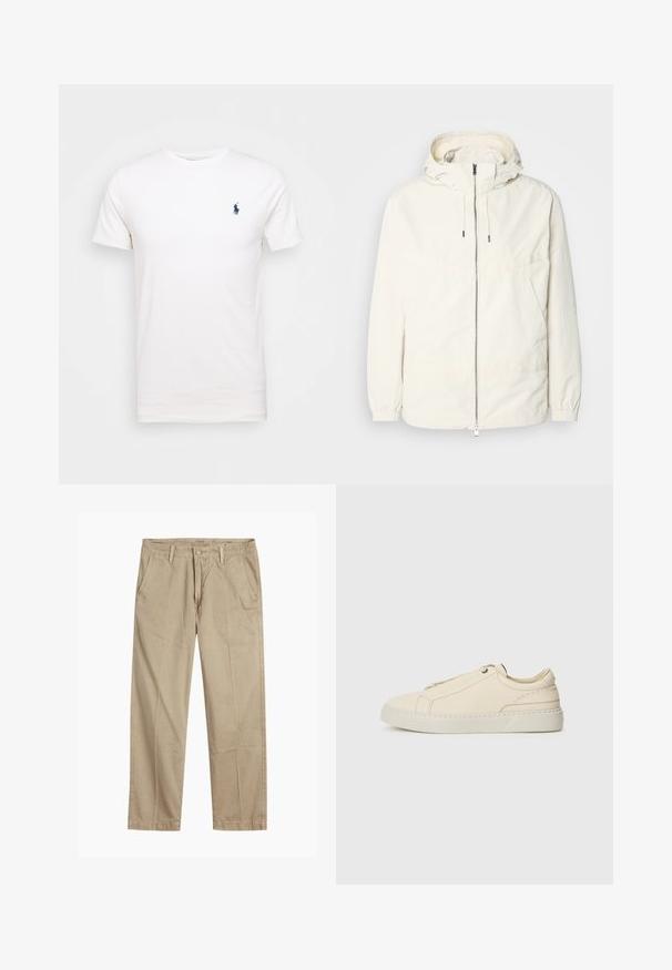 Könnyű, tejszínszínű dzseki kapucnival, cipzáras elülső résszel, rugalmas mandzsettákkal és kenguruzsebbel. Simaszerű anyag minimális varrási részletekkel.; Fehér pamut póló, kerek nyakkivágással. Bal mellrészen egy kis sötétkék logóval. Rövid ujjú, sima tapintású.; Beige egyenes szárú chino nadrág övhurkokkal, elülső gombos és cipzáras záródással, valamint ferde elülső zsebekkel.; Beige bőr sneaker, lekerekített orral, minimalista dizájnal, finom varrási részletekkel és texturált felsőrésszel, világos talpon.