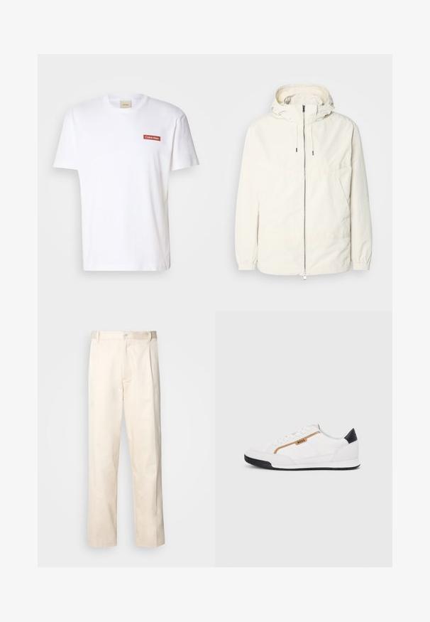 Lightweight, cream-colored jacket with a hood, zip front, elastic cuffs, and a kangaroo pocket. Smooth fabric with minimal stitching details.; White cotton t-shirt with short sleeves, featuring a red rectangular Calvin Klein logo on the left chest area. Classic crew neck design.; Beige cotton trousers with a straight-leg cut, featuring a button closure and pleats at the front for added detail.; White athletic shoes with mesh and leather accents. Features a gold "BOSS" logo, textured side panels, and a black heel cap. Rubber sole.