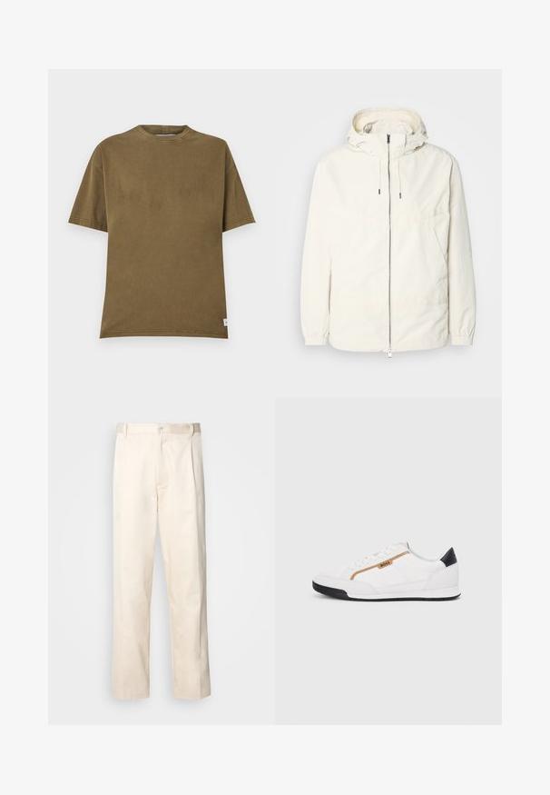 Gaisas, krēmkrāsas jaka ar kapuci, ar rāvējslēdzēju priekšpusē, elastīgām aprocēm un kangaroo kabatu. Gluda auduma virsma ar minimālām šuvju detaļām.; Olīvu zaļš kokvilnas T-krekls ar apaļu kakla izgriezumu, īsām piedurknēm un brīvu piegriezumu. Iezīmējas ar vienkāršām līnijām un mazu etiķeti pie apakšmalas.; Bežā krāsā auduma bikses ar taisnu kāju griezumu, pievienotām pogu aizdares un priekšējiem krokām papildu detaļām.; Baltijas krāsā baltas sporta kurpes ar acu un ādas akcentiem. Iezīmējas ar zelta "BOSS" logo, teksturētām sānu paneļiem un melnu papēža kapu. Gumijas zole.