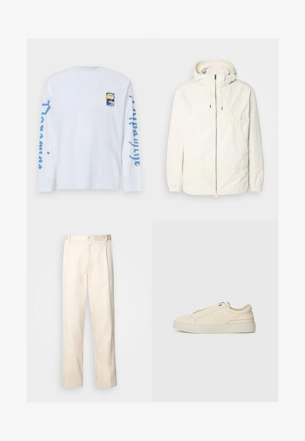 Lightweight, cream-colored jacket with a hood, zip front, elastic cuffs, and a kangaroo pocket. Smooth fabric with minimal stitching details.; Long-sleeve white t-shirt made of cotton featuring a small graphic print on the chest and blue text along both sleeves.; Beige cotton trousers with a straight-leg cut, featuring a button closure and pleats at the front for added detail.; Beige leather sneaker with a rounded toe, minimalistic design, subtle stitching details, and a textured upper, on a light sole.
