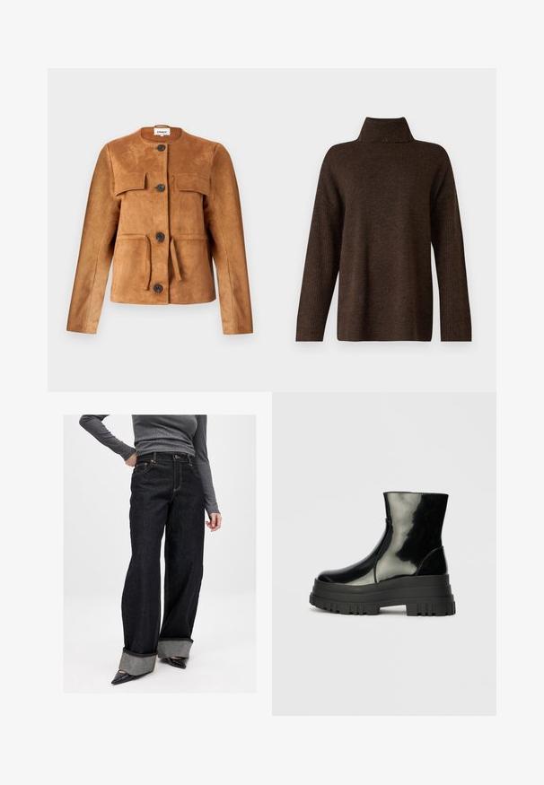 Ruda suedinės striukės su apvaliu iškirpimu, priekinėmis kišenėmis ir mygtukų užsegimu. Pasižymi prigludusia siluetu ir tekstūruota apdaila.; Rudas megztinis su aukšta raukšlėta apykakle, plačiomis rankovėmis ir minkšta tekstūra. Yra laisvas prigludimas ir raukšlėti akcentai ant rankovių.; Juoda plačių kojų džinsai su kontrastingomis pilkomis apykaklėmis, auksinėmis siūlėmis ir klasikinio penkių kišenių dizainu. Minkštas džinsinis audinys, laisvas kirpimas.; Juodas blizgus kulkšninis botas su storu iškilniu padu ir apvaliu pirštu, šoninis vaizdas ant vientiso šviesiai pilko fono.