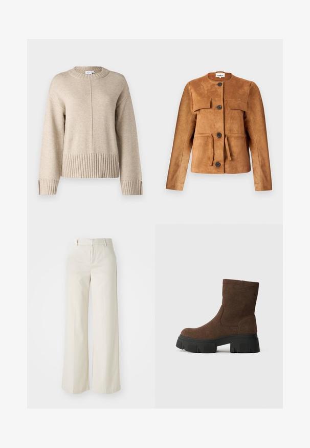 Brown suede jacket with a round neckline, front pockets, and button closures. Features a fitted silhouette and textured finish.; Beige knitted sweater with a round neck, ribbed hem, and cuffs. Features a vertical seam detail at the front and side slits at the hem.; Wide-leg trousers in a light beige color, made of a smooth fabric. Features a classic waistband and flat front with clean lines.; Brown suede ankle boots with a textured finish, rounded toe, and a chunky black rubber sole featuring a tread pattern.