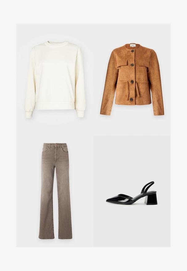 Hnedá semišová bunda s okrúhlym výstrihom, prednými vreckami a zapínaním na gombíky. Má priliehavý strih a textúrovaný povrch.; Krémová mikina vyrobená z mäkkého materiálu, s dlhými rukávmi, zaobleným výstrihom a rebrovaným lemom a manžetami. Hladká textúra, minimalistický dizajn.; Hnedé high-waist rovné džínsy so zapínaním na prednej strane, pútkami na opasok a klasickým dizajnom s piatimi vreckami na bielom pozadí.; Čierne lakované kožené sandálové podpätky s špicatou špičkou a geometrickým blokovým podpätkom. Disponujú elegantným, minimalistickým dizajnom a hladkým povrchom.