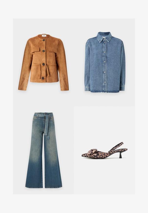 Barna nubuk bőrdzseki kerek nyakkivágással, elülső zsebekkel és gombos záródással. Fitted fazonnal és texturált felülettel rendelkezik.; Világoskék farmering, hosszú ujjú, gombos elülső záródással, hegyes gallérral és laza fazonnal. Puha tapintású, minimális varrási részletekkel.; Bőszárú farmernadrág, világos és sötétkék árnyalatokkal, magas derekú, övgyűrűkkel és a nadrággal megegyező anyagú övvel. Textúrált farmer kivitel.; Középen hegyes orrú, leopárdmintás slingback magassarkúk, masni díszítéssel, alacsony fekete sarkukkal és sima felülettel.