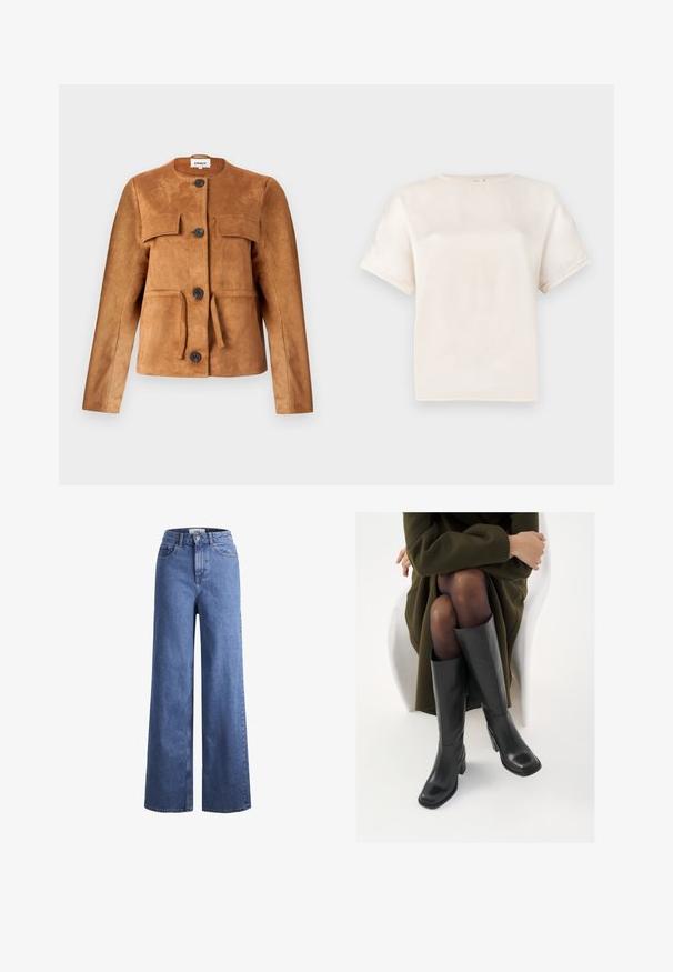 Ruskea nubukkitakki, jossa on pyöreä pääntie, etutaskut ja nappisuljenta. Ominaisuudet: istuva siluetti ja teksturoitu pinta.; Lyhythelmainen crew neck -t-paita off-white-värissä, valmistettu sileästä kankaasta, jossa on rento istuvuus ja minimiset ompeluyksityiskohdat hihoissa.; Vaaleansiniset farkut leveillä lahkeilla, korkea vyötärö, kaksi etutaskua ja näkyvät ompeleet. Varustettu napilla ja vetoketjulla.; Polvisuoja mustat nahastossud, millel on ruudukujuline varvas ja plokk-kints, on esitatud mudeli seljas, kes istub oliivrohelises mantlis. Sile tekstuur, minimaalne detailitus.