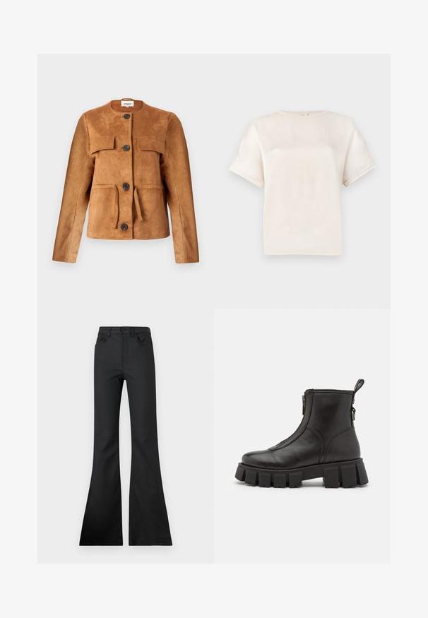 Pruunest sametist jakk, millel on ümmargune kaelus, esipockets ja nupud. Omab keha lähedast siluetti ja tekstureeritud viimistlust.; Lühikeste varrukatega ümardatud kaelusega T-särk suhkruvalges, valmistatud siledast kangast, millel on lõdvestatud lõige ja minimaalsed õmblusdetailid varrukatel.; Mustad flared teksad keskmise tõusuga vöökohaga, valmistatud siledast kangast. Omab viit taskut ja nähtavaid õmbluse detaile.; Mustad nahast puanikud, millel on paks, sooneline tallak, külgmine tõmblukk ja tõmbeaas taga. Sile tekstuur ja minimaliistlik disain.