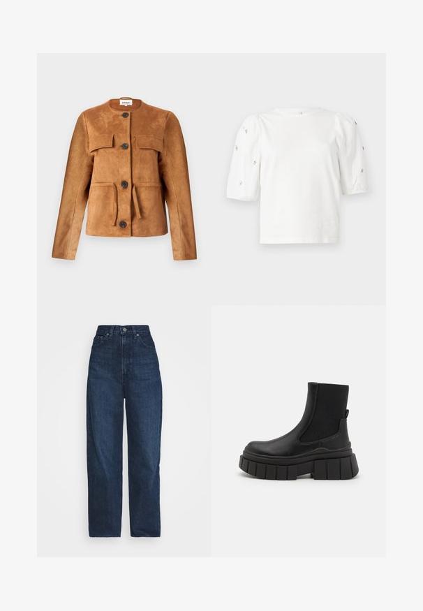 Casaco de camurça castanho com decote redondo, bolsos frontais e fechos de botão. Apresenta um silhueta ajustada e um acabamento texturizado.; T-shirt branca de algodão com mangas puff curtas, apresentando pequenos embellissements prateados ao longo das mangas. Decote redondo clássico, corte descontraído.; Jeans de cintura alta e perna reta feitos de denim escuro. Apresenta design clássico de cinco bolsos, fecho de botão metálico e costura em contraste.; Botas pretas até ao tornozelo, feitas de couro liso, com painéis laterais elásticos, uma sola de plataforma robusta e um design de piso texturizado.
