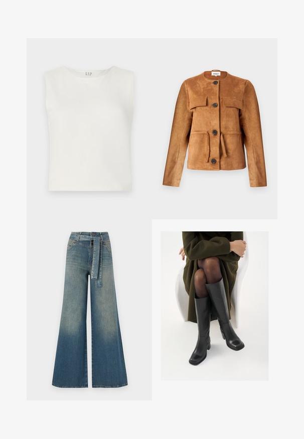 Braune Wildlederjacke mit rundem Ausschnitt, Fronttaschen und Knopfschluss. Sie hat eine taillierte Silhouette und eine strukturierte Oberfläche.; Weißes, kurzes, ärmelloses Oberteil aus glattem Stoff mit einem runden Ausschnitt und minimalistischem Design, versehen mit dem GAP-Logo, das oben zentriert ist.; Weit geschnittene Denim-Hosen mit einem Farbverlauf von hellblau zu dunkelblau, hoher Taille, Gürtelschlaufen und einem passenden Stoffgürtel. Strukturierte Denim-Oberfläche.; Knöchelhöhe schwarze Lederstiefel mit quadrater Spitze und Blockabsatz, gezeigt mit einem Modell, das einen olivgrünen Mantel trägt. Glatte Textur, minimale Details.