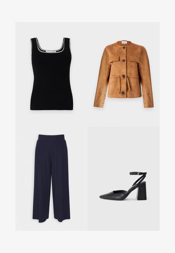 Brown suede jacket with a round neckline, front pockets, and button closures. Features a fitted silhouette and textured finish.; Black ribbed tank top with a square neckline. Features contrasting white trim along the neck. Made from a stretchy fabric.; Wide-leg trousers in dark navy fabric with a ribbed texture. Features a smooth waistband and a flowy silhouette, reaching mid-calf length.; Black leather pointy-toe pump with an ankle strap and a chunky heel. Flat texture, sleek design, and minimalistic aesthetics.