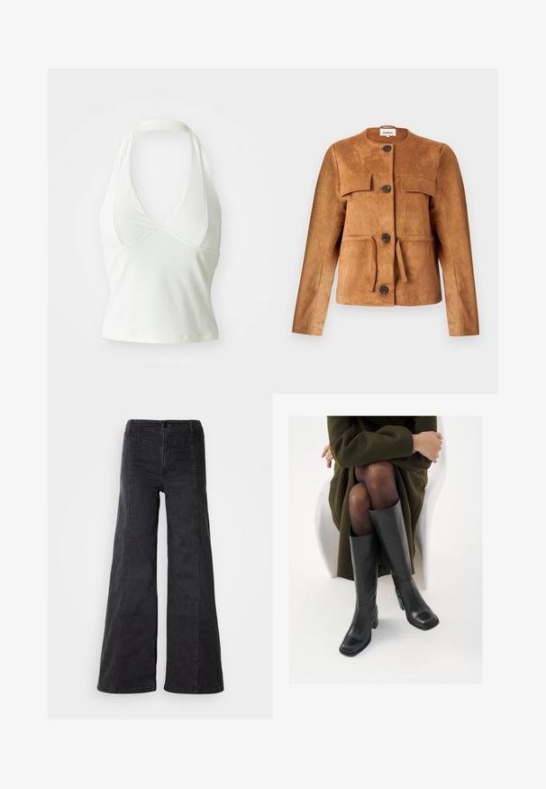 Chaqueta de ante marrón con cuello redondo, bolsillos frontales y cierres de botón. Presenta una silueta ajustada y un acabado texturizado.; Top blanco sin mangas con un escote en V pronunciado, hecho de una tela suave y elástica. Presenta un diseño ajustado y una silueta corta.; Jeans de mezclilla negros de pierna ancha con una cintura alta, que cuentan con bolsillos frontales y un detalle de costura mínimo. La tela de algodón ofrece una textura suave.; Botas de cuero negro hasta la rodilla con puntera cuadrada y tacón de bloque, presentadas con un modelo sentado en un abrigo verde oliva. Textura suave, mínimo detalle.