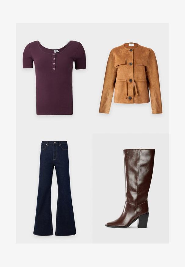 Brown suede jacket with a round neckline, front pockets, and button closures. Features a fitted silhouette and textured finish.; Short-sleeve, ribbed plum purple henley shirt with scoop neck and four silver snap buttons on front placket.; Dark blue flared denim jeans featuring a high waist, front pockets, and golden stitching accents. Smooth texture with a traditional cut.; Tall dark brown leather boot with a pointed toe and stacked block heel, shown from the side on a plain background.