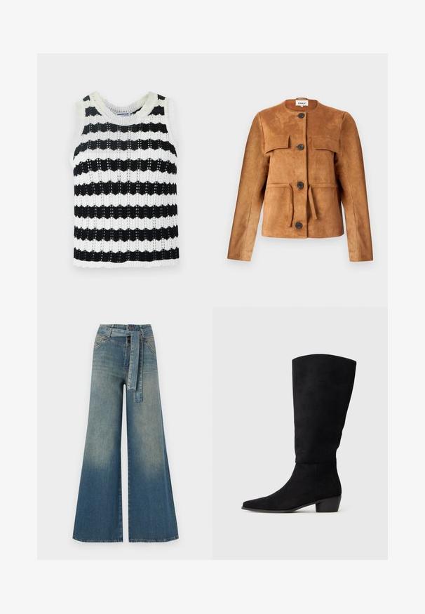 Hnědá nubuková bunda s kulatým výstřihem, předními kapsami a knoflíkovým zapínáním. Má přiléhavý střih a texturovaný povrch.; Černobíle pruhovaný bezramínkový pletený top s kulatým výstřihem, který má strukturovaný vzor a zvlněný lem.; Džínové kalhoty širokého střihu s přechodem od světlé k tmavě modré, vysokým pasem, poutky na opasek a odpovídajícím opaskem ze stejného materiálu. Texturovaná džínovina.; Černé semišové vysoké kozačky po kolena s nízkým blokovým podpatkem a špičatou špičkou, zobrazené ve bočním pohledu na světlém šedém pozadí.