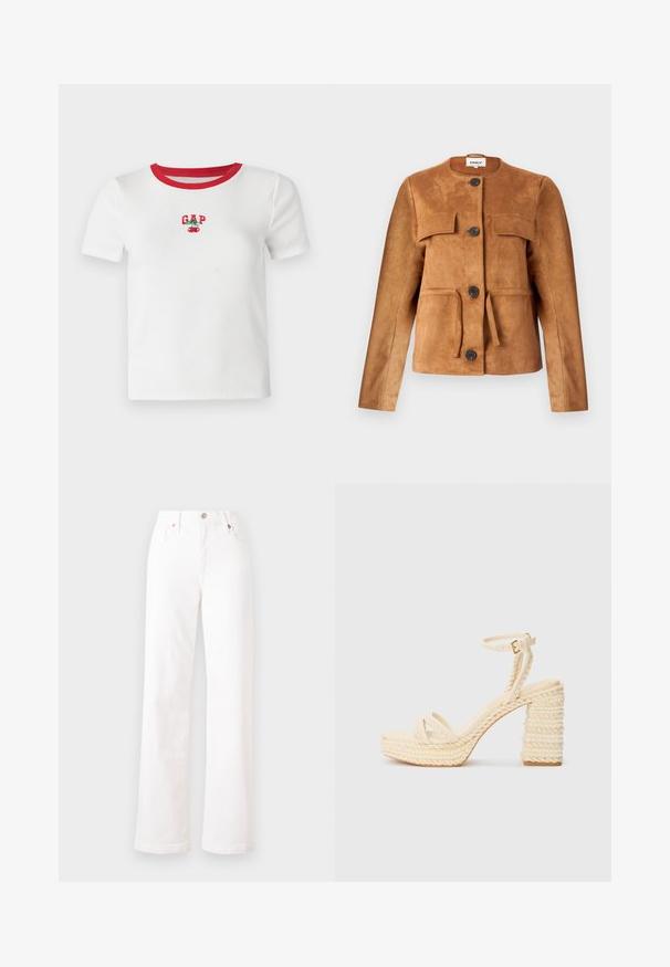 Brūns zamšs jaciņš ar apaļu apkakli, priekšējām kabatām un pogām. Iezīmēts ar pieguļošu siluetu un teksturētu apdari.; Balta īsām piedurknēm T-krekls ar sarkanu ribotu apkakli, ar izšūtu "GAP" tekstu un ķirša dizainu priekšā. Izgatavots no ribota auduma.; Baltas denim bikses ar augstu jostasvietu, taisnu kāju, piecām kabatām un vara krāsas detalēm. Auduma tekstūra ir gluda ar nelielu stiepes pakāpi.; Bēša krāsa strīpu sandales ar augstiem papēžiem, ar pinumu no džutas platformas un papēža, kas piedāvā šauru potītes jostu un gludu zoli.