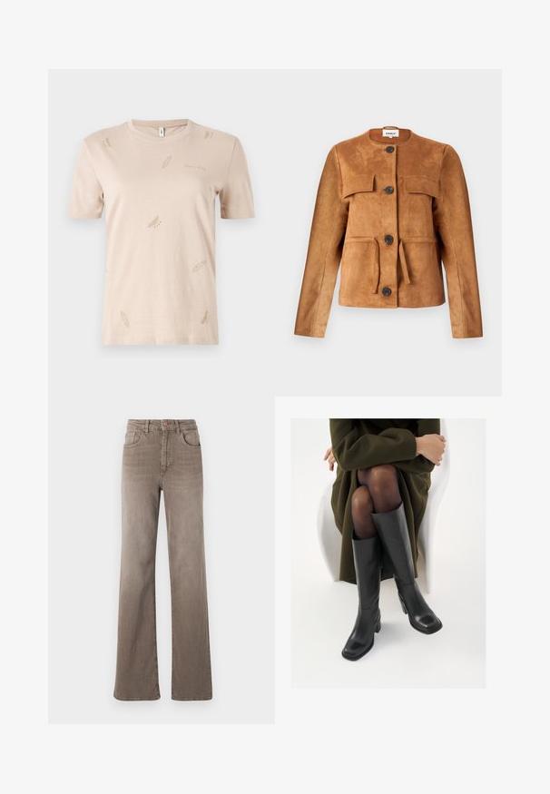 Brun semsket skinnjakke med rund hals, forbipasserende lommer og knappelukking. Har en tettsittende silhuett og strukturert overflate.; Beige bomull T-skjorte med rund hals. Har små, subtile fjærmønstre i en lysere nyanse. Korte ermer, vanlig passform.; Brune høy midje rette jeans med frontknapp, beltesløyfer og klassisk fem-lomme design på hvit bakgrunn.; Knæhøye sorte lærstøvler med firkantet tå og blokkhelt, vist med en modell som sitter iført en olivengrønn kåpe. Glatt tekstur, minimal detaljering.