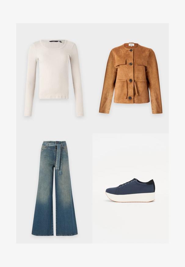 Jachetă din suede maro cu decolteu rotund, buzunare frontale și închideri cu nasturi. Prezintă o siluetă ajustată și un finisaj texturat.; Tricou cu maneci lungi, din material cu o textură rib, de culoare bej deschis, având decolteu rotund. Croială regulată cu tiv drept.; Pantaloni din denim largi, cu un gradient de la albastru deschis la albastru închis, talie înaltă, bucle pentru curea și o curea din același material. Finisaj texturat din denim.; Sneaker albastru închis, cu un material texturat pe partea superioară, talpă platformă albă, vârf rotunjit și accent de călcâi negru. Dispune de șase găuri pentru șireturi.