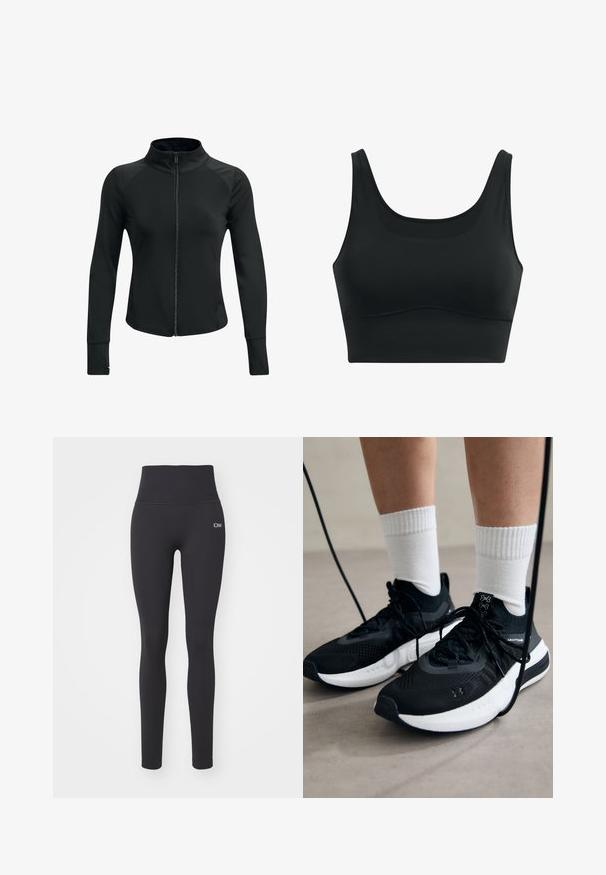 Zwarte sportieve jas met hoge kraag, volledige rits, lange mouwen en gestructureerde schouderaccenten. Gemaakt van een gladde, rekbare stof.; Zwarte sportbh van gladde stof, met een ronde hals, brede bandjes en een naadloos ontwerp met een gebogen zoom.; ICANIWILL DEFINE SEAMLESS POCKET - Tights - navy; Zwarte sportschoenen van gestructureerde stof, met een witte zool en zwarte veters. Draag ze met witte geribde sokken, staand op een lichte ondergrond.